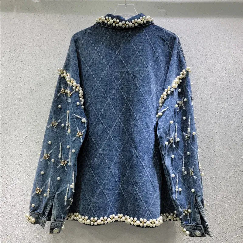 Trendy Women’s Denim Jacket – Loose Fit with Diamonds & Pearl Embellishments - HalleBeauty